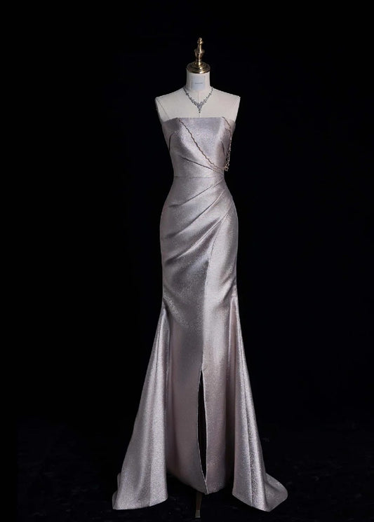 Elegant Spaghetti Strap Sheath Long Prom Dresses Satin Evening Dresses with Slits DP3727