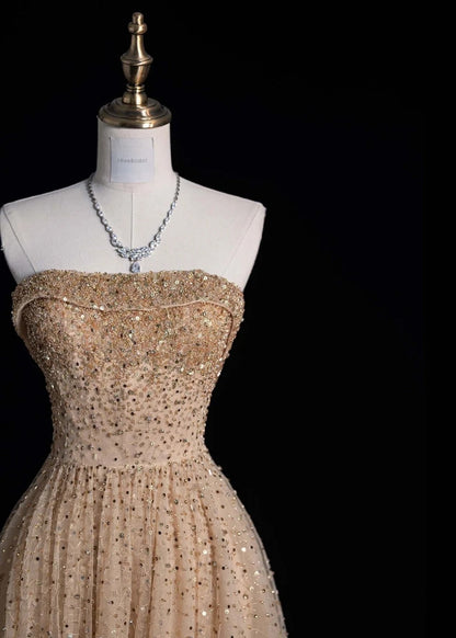 Cute Strapless A-line Long Prom Dresses Sequined Tulle Pastel Orange Evening Dresses DP3728