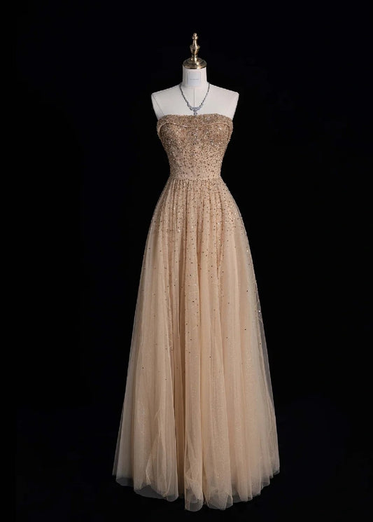 Cute Strapless A-line Long Prom Dresses Sequined Tulle Pastel Orange Evening Dresses DP3728