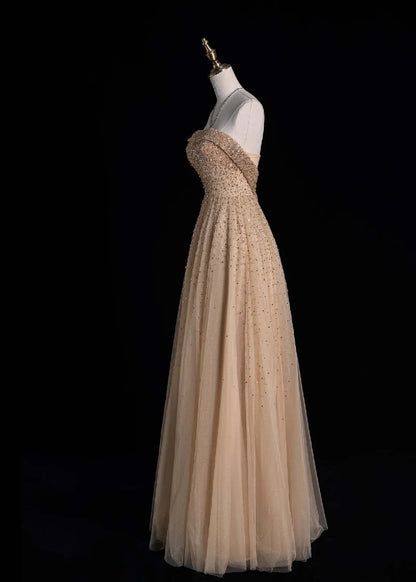 Cute Strapless A-line Long Prom Dresses Sequined Tulle Pastel Orange Evening Dresses DP3728