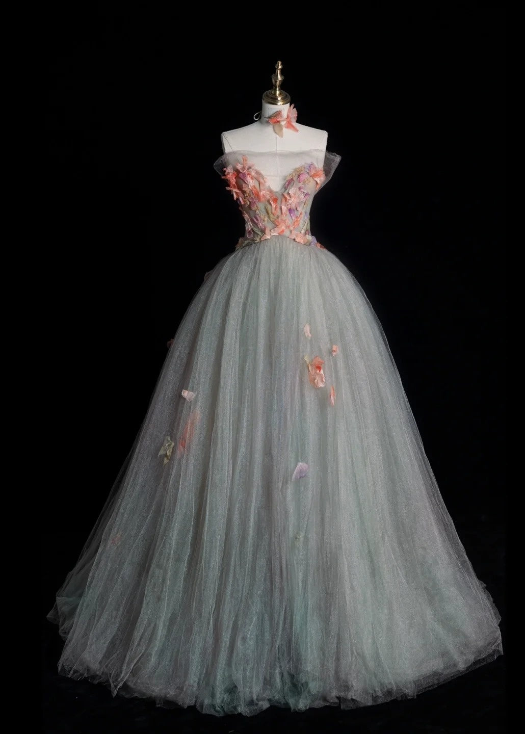 Cute Strapless A-line Long Prom Dresses Tulle Light Green Evening Dresses Sweet 16 Dress DP3729