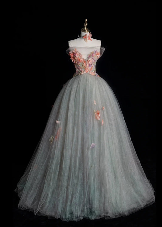 Cute Strapless A-line Long Prom Dresses Tulle Light Green Evening Dresses Sweet 16 Dress DP3729