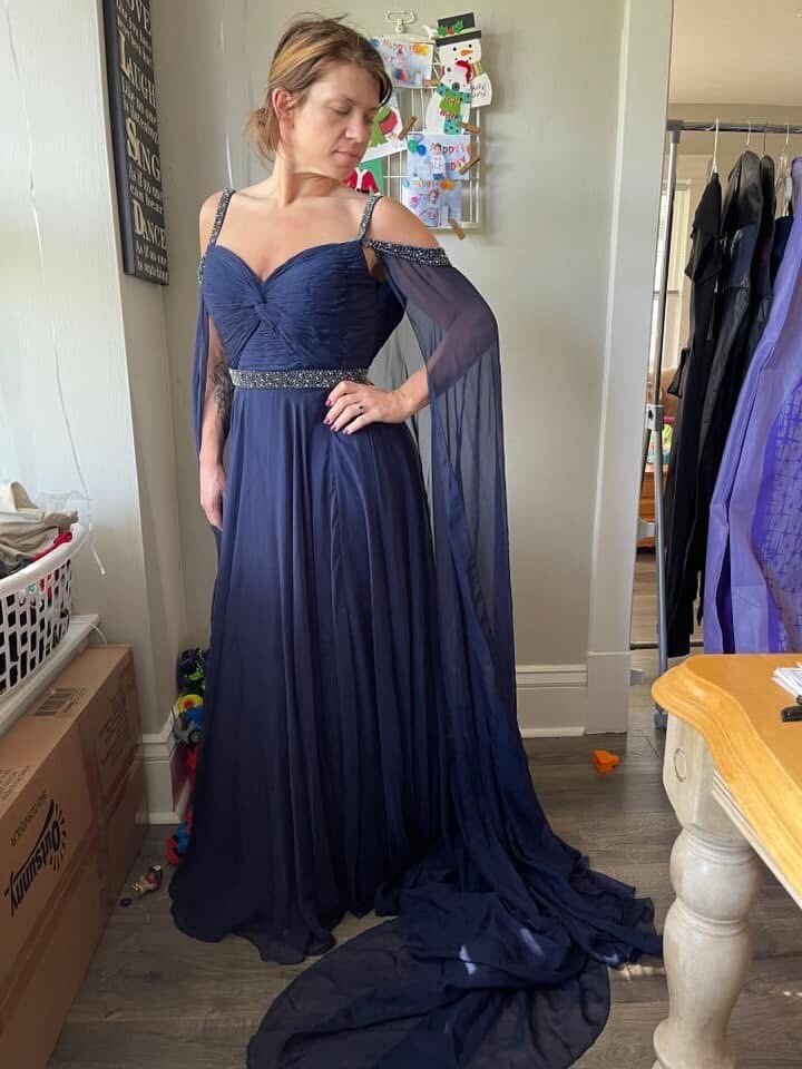 Glam Spaghetti Strap Sheath Long Evening Dresses Chiffon Navy Blue Mother of the Bride Dress DP3730