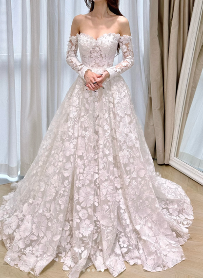 Fairy Off-the-shoulder A-Line Long Wedding Dresses Tulle Applique White Bridal Gowns Long Sleeve Bridal Dresses DP3735