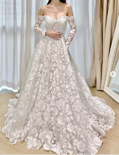 Fairy Off-the-shoulder A-Line Long Wedding Dresses Tulle Applique White Bridal Gowns Long Sleeve Bridal Dresses DP3735