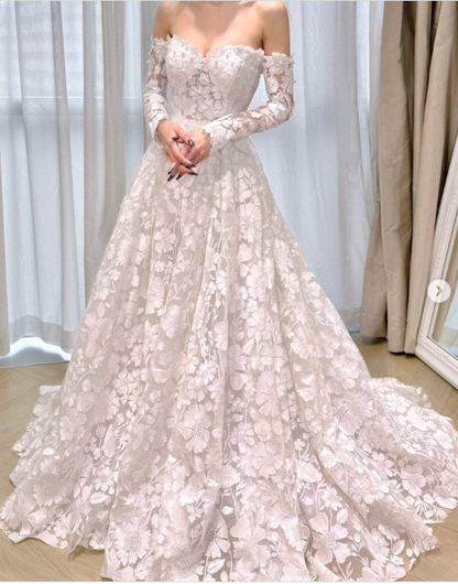 Fairy Off-the-shoulder A-Line Long Wedding Dresses Tulle Applique White Bridal Gowns Long Sleeve Bridal Dresses DP3735