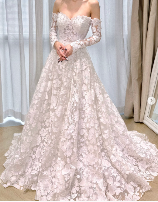 Fairy Off-the-shoulder A-Line Long Wedding Dresses Tulle Applique White Bridal Gowns Long Sleeve Bridal Dresses DP3735