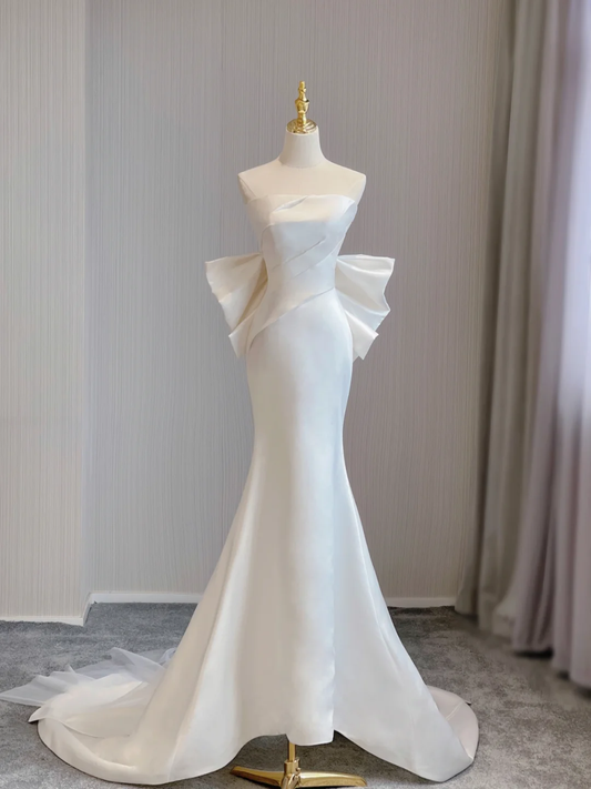 Simple Mermaid Strapless Neckline Long Satin Wedding Dresses Brides Dress With Bow-knot DP374
