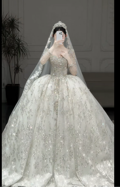 Gorgeous Square Neck Ball Gown Tulle Long Wedding Dresses Beaded White Bridal Gowns Long Sleeve Bridal Dresses DP3743