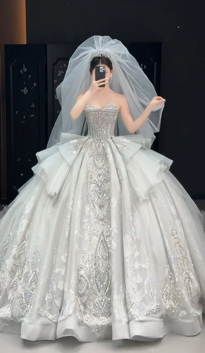 Luxury Sweetheart Neck Ball Gown Tulle Long Wedding Dresses Beaded Off-White Bridal Gowns Sleeveless Bridal Dresses DP3746