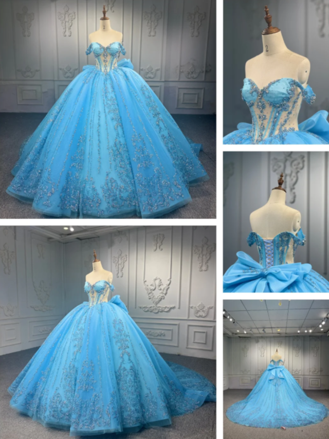 Gorgeous Off-the-shoulder Ball Gown Tulle Long Prom Dresses Beaded Applique Blue Quinceanera Dresses Sweet 16 Dress DP3747