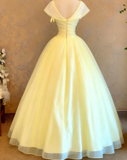 Fairy Jewel A-Line Long Prom Dresses Tulle Pastel Yellow Quinceanera Dresses Sweet 16 Dress DP3748
