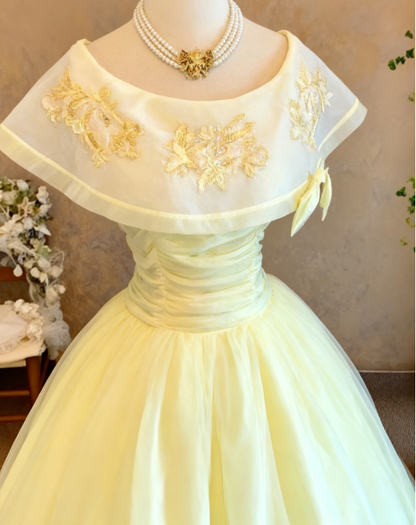 Fairy Jewel A-Line Long Prom Dresses Tulle Pastel Yellow Quinceanera Dresses Sweet 16 Dress DP3748