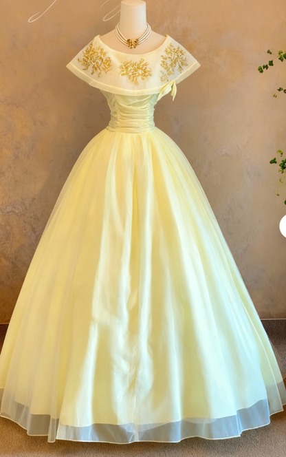 Fairy Jewel A-Line Long Prom Dresses Tulle Pastel Yellow Quinceanera Dresses Sweet 16 Dress DP3748
