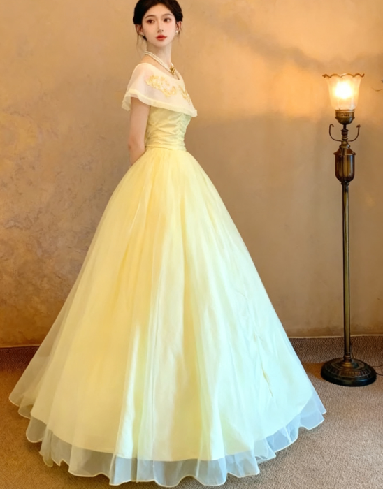 Fairy Jewel A-Line Long Prom Dresses Tulle Pastel Yellow Quinceanera Dresses Sweet 16 Dress DP3748