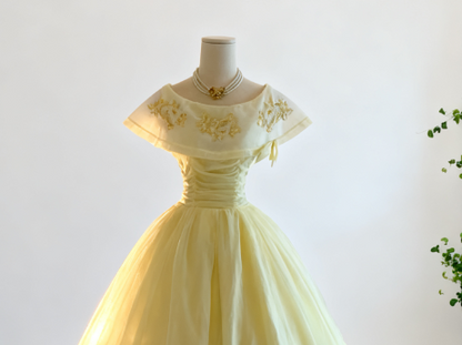 Fairy Jewel A-Line Long Prom Dresses Tulle Pastel Yellow Quinceanera Dresses Sweet 16 Dress DP3748