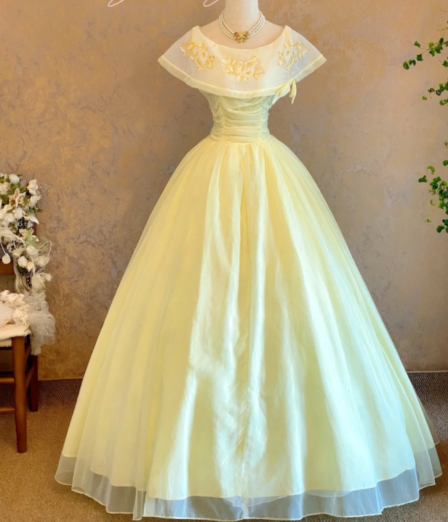Fairy Jewel A-Line Long Prom Dresses Tulle Pastel Yellow Quinceanera Dresses Sweet 16 Dress DP3748