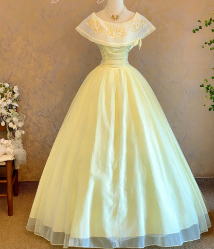 Fairy Jewel A-Line Long Prom Dresses Tulle Pastel Yellow Quinceanera Dresses Sweet 16 Dress DP3748