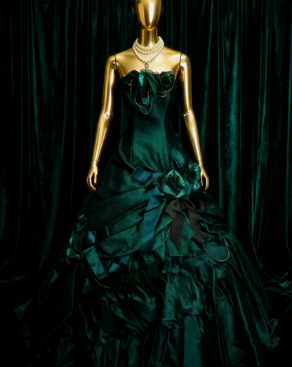 Gorgeous Strapless Ball Gown Satin Long Prom Dresses Dark Green Quinceanera Dresses Sweet 16 Dress DP3750