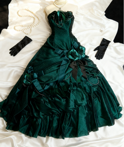 Gorgeous Strapless Ball Gown Satin Long Prom Dresses Dark Green Quinceanera Dresses Sweet 16 Dress DP3750