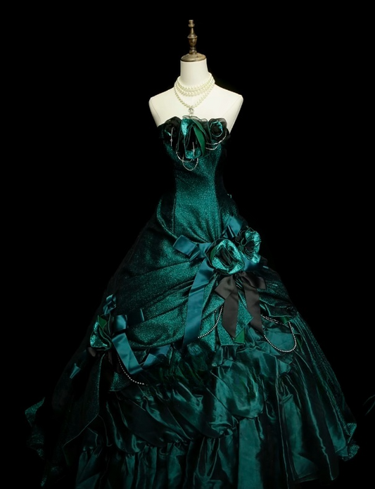Gorgeous Strapless Ball Gown Satin Long Prom Dresses Dark Green Quinceanera Dresses Sweet 16 Dress DP3750