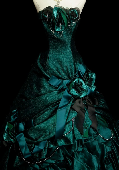 Gorgeous Strapless Ball Gown Satin Long Prom Dresses Dark Green Quinceanera Dresses Sweet 16 Dress DP3750