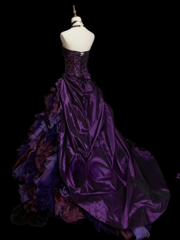 Gorgeous Strapless Ball Gown Satin Long Prom Dresses Tulle Purple Quinceanera Dresses Sweet 16 Dress DP3751