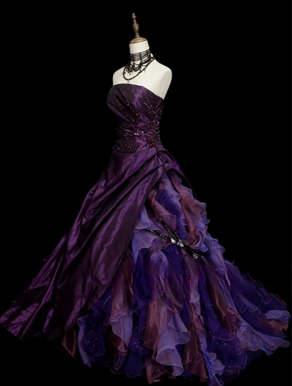 Gorgeous Strapless Ball Gown Satin Long Prom Dresses Tulle Purple Quinceanera Dresses Sweet 16 Dress DP3751