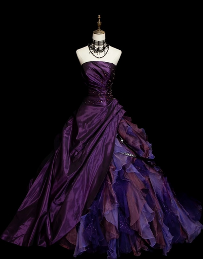 Gorgeous Strapless Ball Gown Satin Long Prom Dresses Tulle Purple Quinceanera Dresses Sweet 16 Dress DP3751