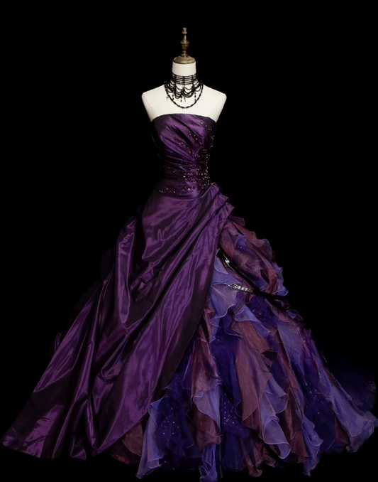 Gorgeous Strapless Ball Gown Satin Long Prom Dresses Tulle Purple Quinceanera Dresses Sweet 16 Dress DP3751