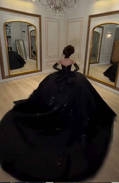 Glam Sweetheart Ball Gown Tulle Long Prom Dresses Black Quinceanera Dresses Sweet 16 Dress DP3752