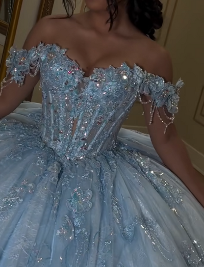 Glam Off-the-Shoulder Ball Gown Tulle Long Prom Dresses Applique Blue Quinceanera Dresses Sweet 16 Dress DP3753