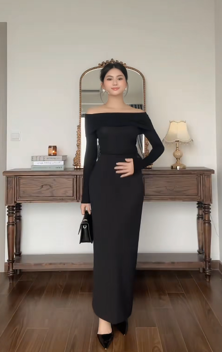 Elegant Off-the-shoulder Sheath Black Formal Dresses Black Evening Dresses  DP3756