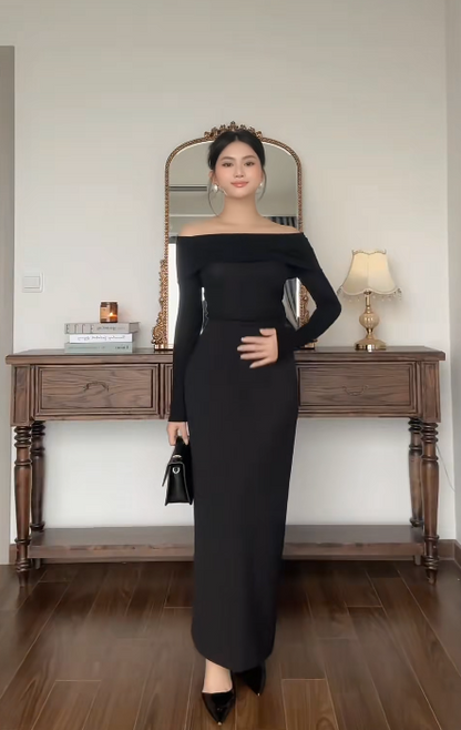 Elegant Off-the-shoulder Sheath Black Formal Dresses Black Evening Dresses  DP3756