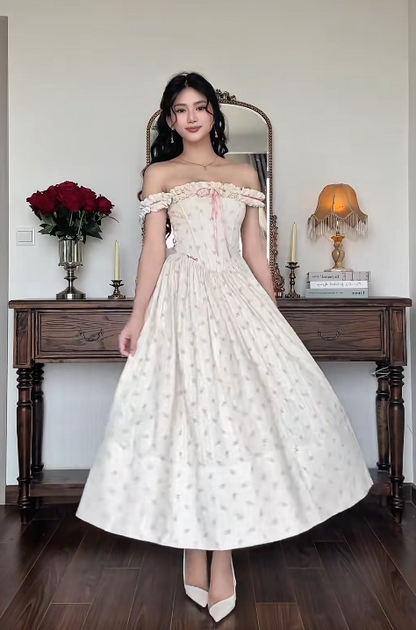 Elegant Off-the-shoulder A-Line Formal Dresses Satin Floral Wedding Guest Dresses DP3757