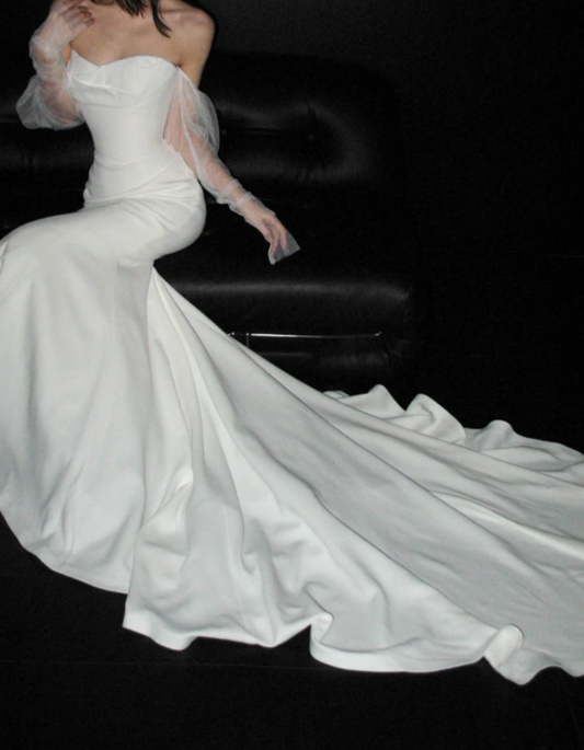 Elegant Off-the-shoulder Mermaid Long Wedding Dresses Chiffon White Bridal Gowns Long Sleeve Bridal Dresses DP3762