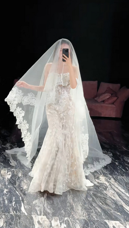 Elegant Strapless Mermaid Long Wedding Dresses Tulle Applique White Bridal Gowns Sleeveless Bridal Dresses DP3763