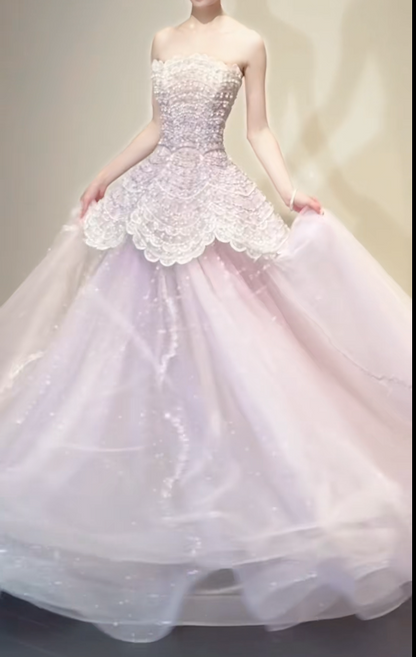 Cute Strapless A-Line Pink Long Prom Dresses Tulle Pink Birthday Dresses Sweet 16 Dress DP3768