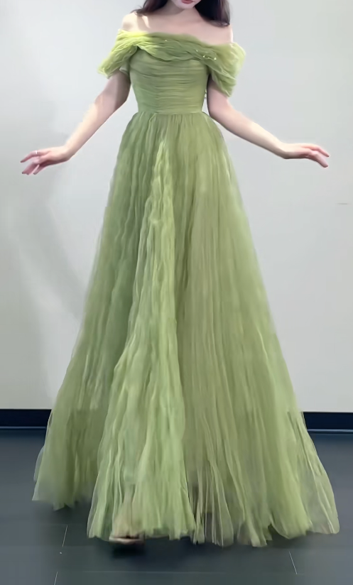 Cute Off-the-shoulder A-Line Green Long Prom Dresses Tulle Green Birthday Dresses Sweet 16 Dress DP3769