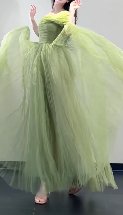 Cute Off-the-shoulder A-Line Green Long Prom Dresses Tulle Green Birthday Dresses Sweet 16 Dress DP3769