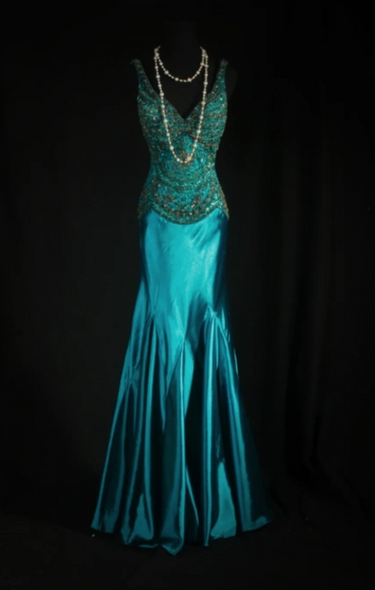 Vintage V-neck Sheath Blue Long Prom Dresses Satin Beaded Blue Evening Dresses DP3770