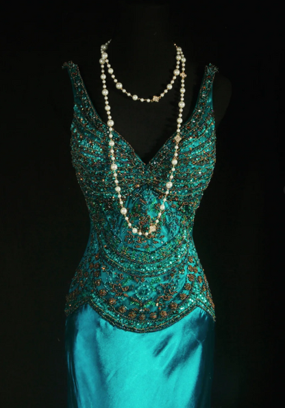 Vintage V-neck Sheath Blue Long Prom Dresses Satin Beaded Blue Evening Dresses DP3770