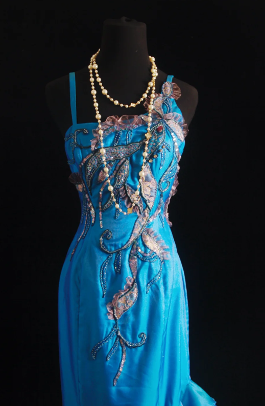 Vintage Sheath Blue Long Prom Dresses Satin Tulle Blue Evening Dresses DP3771