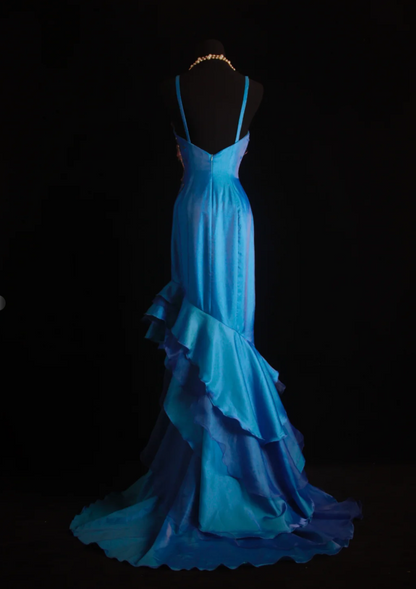 Vintage Sheath Blue Long Prom Dresses Satin Tulle Blue Evening Dresses DP3771