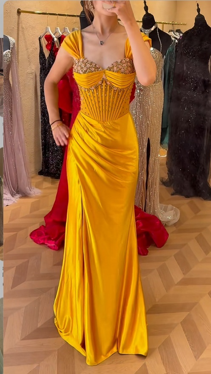 Chic Sheath Yellow Long Prom Dresses Satin Beading Yellow Wedding Guest Dresses DP3772