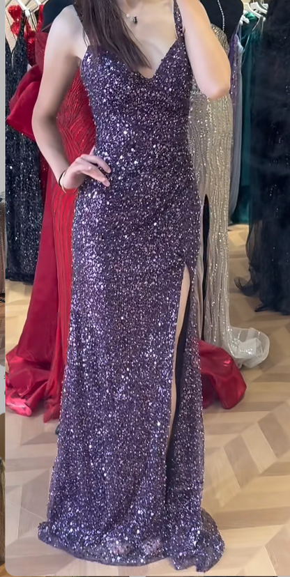 Chic Sheath Purple Long Prom Dresses with Slits Sequin Purple Wedding Guest Dresses DP3773