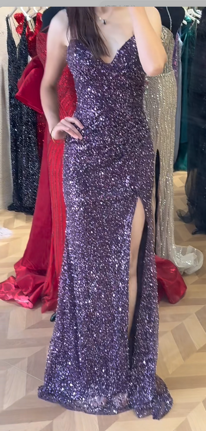 Chic Sheath Purple Long Prom Dresses with Slits Sequin Purple Wedding Guest Dresses DP3773