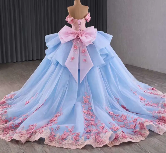 Fairy Off-the-shoulder Ball Gown Blue Long Prom Dresses Tulle Applique Blue Quinceaña Dresses Sweet 16 Dresses DP3776