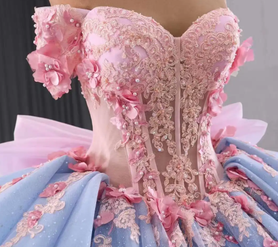 Fairy Off-the-shoulder Ball Gown Blue Long Prom Dresses Tulle Applique Blue Quinceaña Dresses Sweet 16 Dresses DP3776