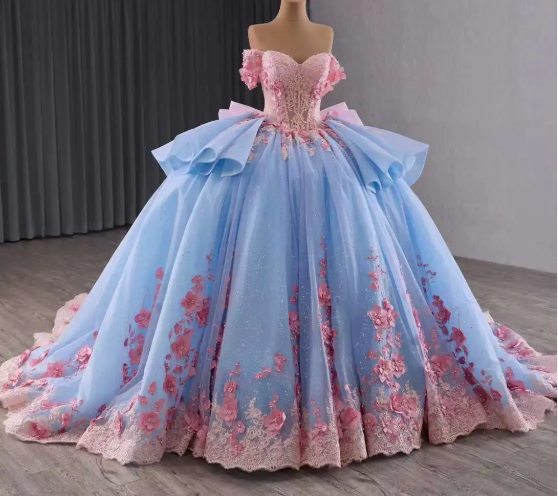 Fairy Off-the-shoulder Ball Gown Blue Long Prom Dresses Tulle Applique Blue Quinceaña Dresses Sweet 16 Dresses DP3776